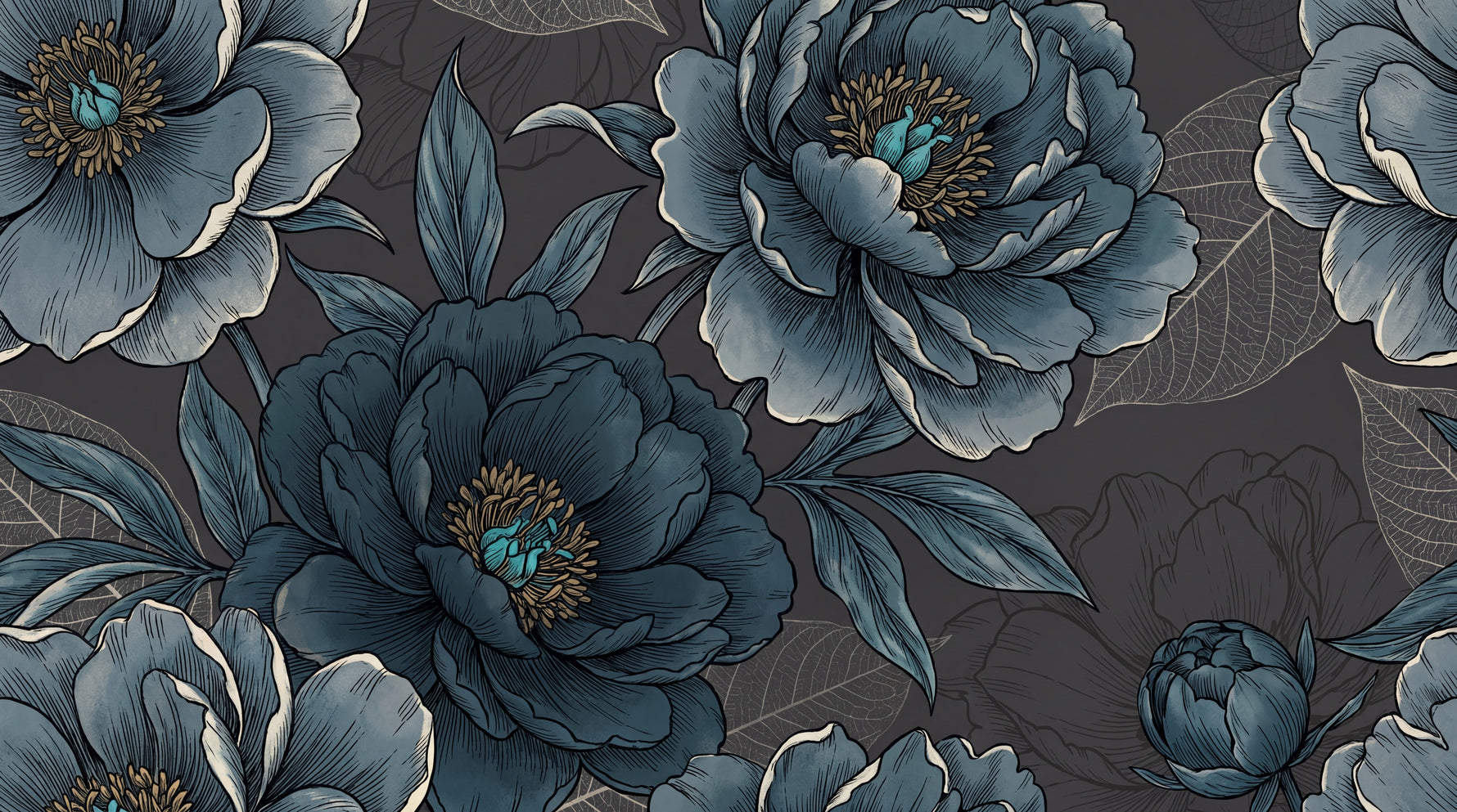 Slate Peony Blue Floral Wallpaper - Dark Blue Teal Flower Peel and Stick Wall Mural - Design