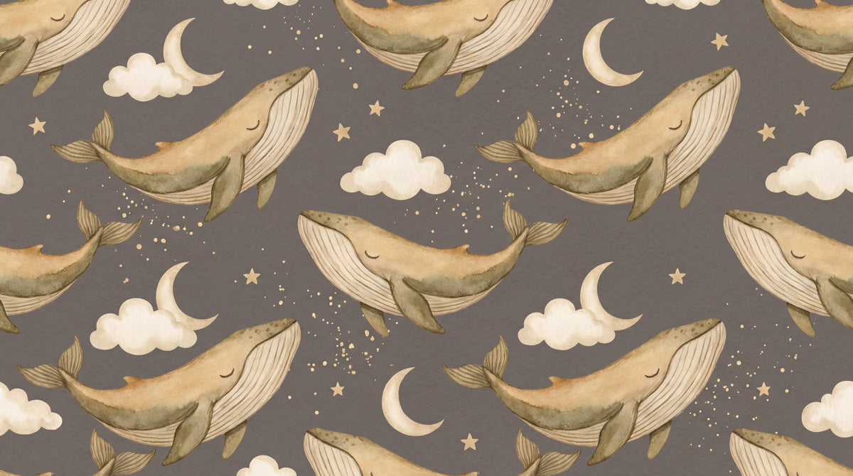 Sleepy Whale Wishes Nursery Wallpaper for Kids - Brown Cloud Moon Night Sky Peel and Stick Mural - Design