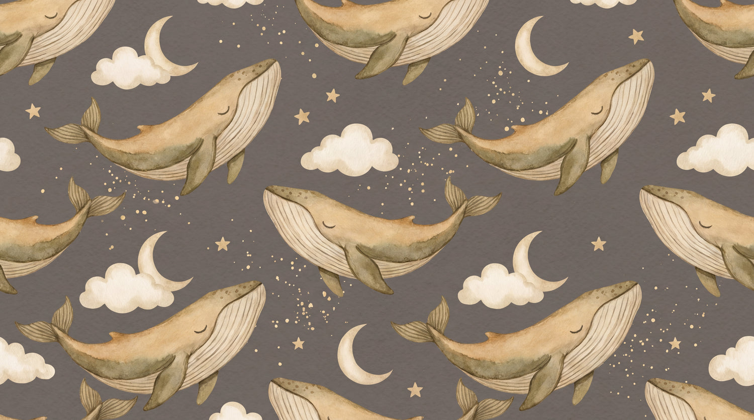 Sleepy Whale Wishes Nursery Wallpaper for Kids - Brown Cloud Moon Night Sky Peel and Stick Mural - Design