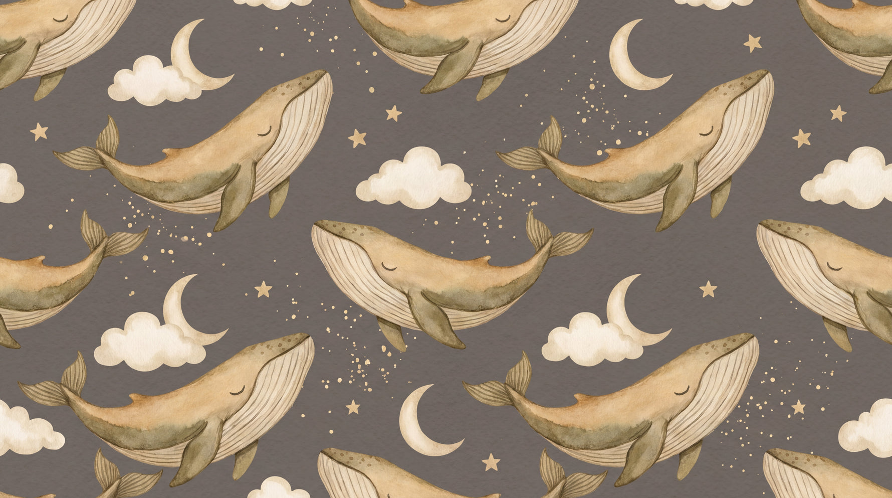 Sleepy Whale Wishes Nursery Wallpaper for Kids - Brown Cloud Moon Night Sky Peel and Stick Mural - Design