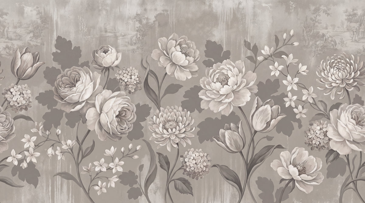 Smoke Antiquary Beige Floral Wallpaper - Vintage Rose Botanical Victorian Damask Wall Mural - Design