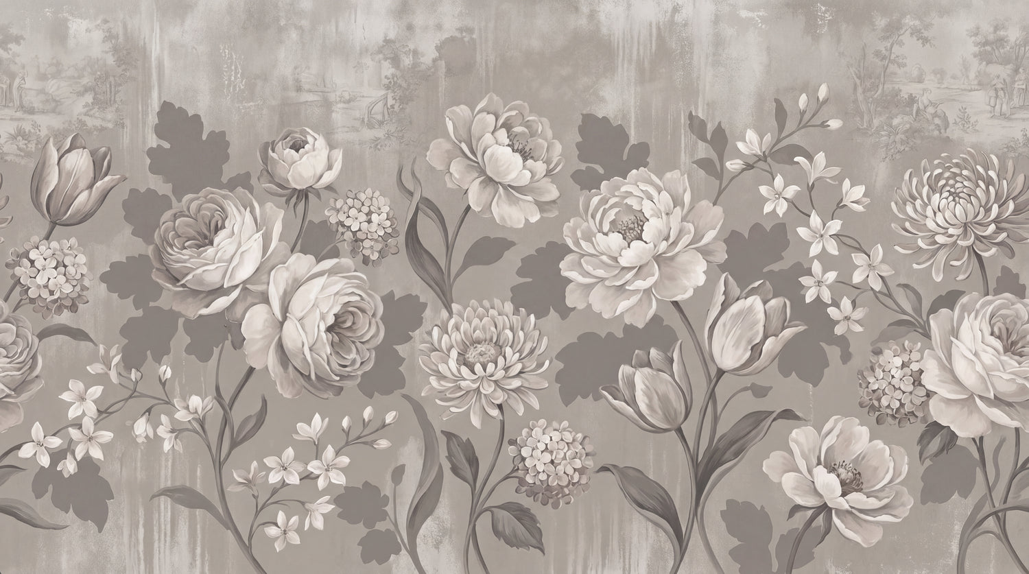 Smoke Antiquary Beige Floral Wallpaper - Vintage Rose Botanical Victorian Damask Wall Mural - Design