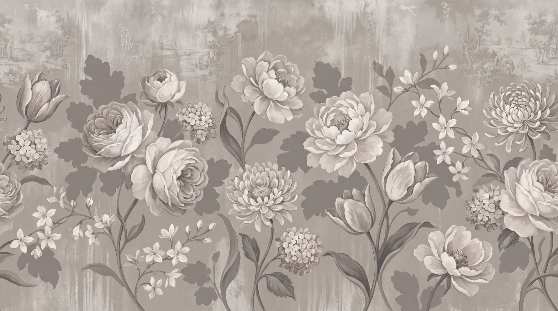 Smoke Antiquary Beige Floral Wallpaper - Vintage Rose Botanical Victorian Damask Wall Mural - Design