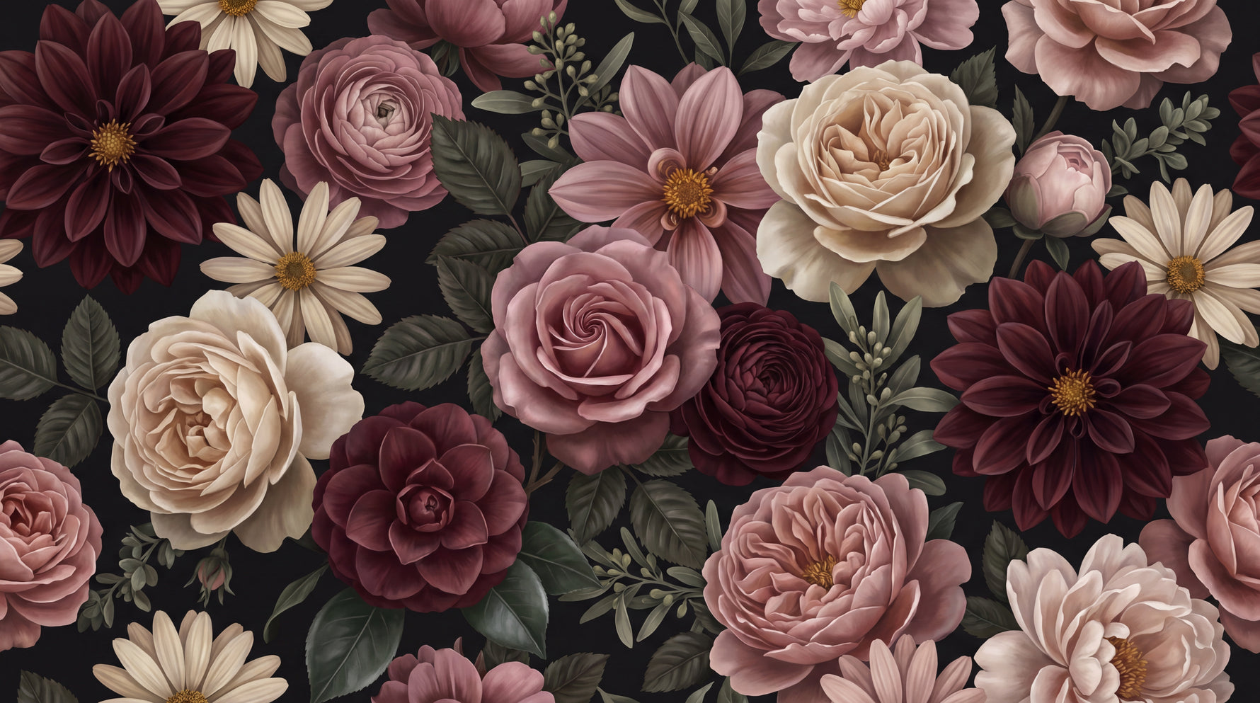 Smoked Petalfall Pink Rose Wallpaper - Dark Floral Vintage Black Flower Peel and Stick Wall Mural - Design