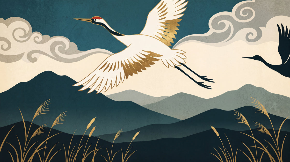 Soaring Wingspan Blue Japanese Wallpaper - Minimalist Animal Wall Mural Peel and Stick - Design