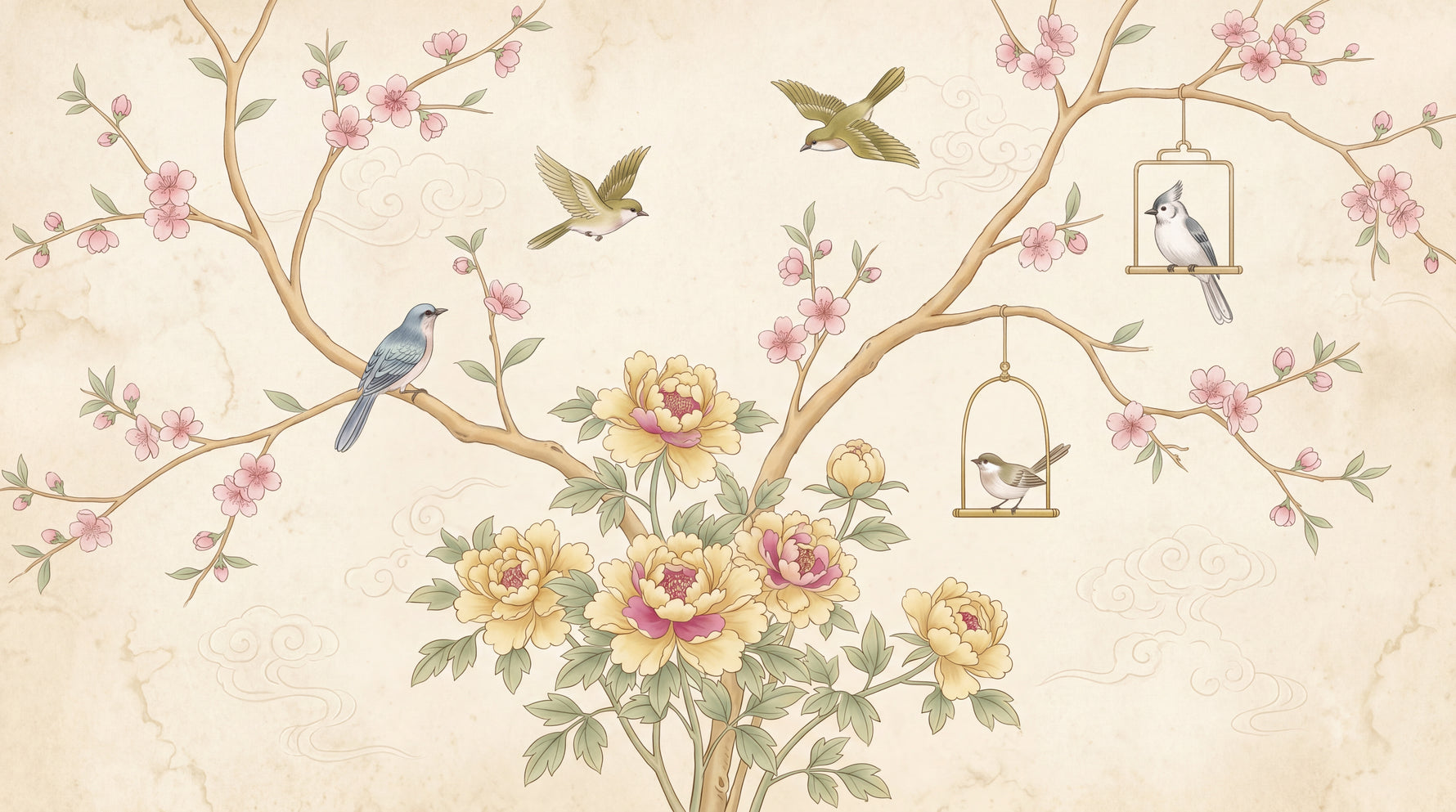 Songbird Atelier Beige Chinoiserie Wallpaper - Vintage Cherry Blossom Floral Botanical Wall Mural - Design