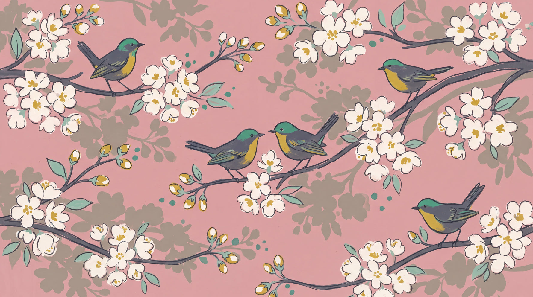 Songbird Orchard - Pink Cherry Blossom Wallpaper - Floral Chinoiserie Botanical Peel and Stick Mural - Design