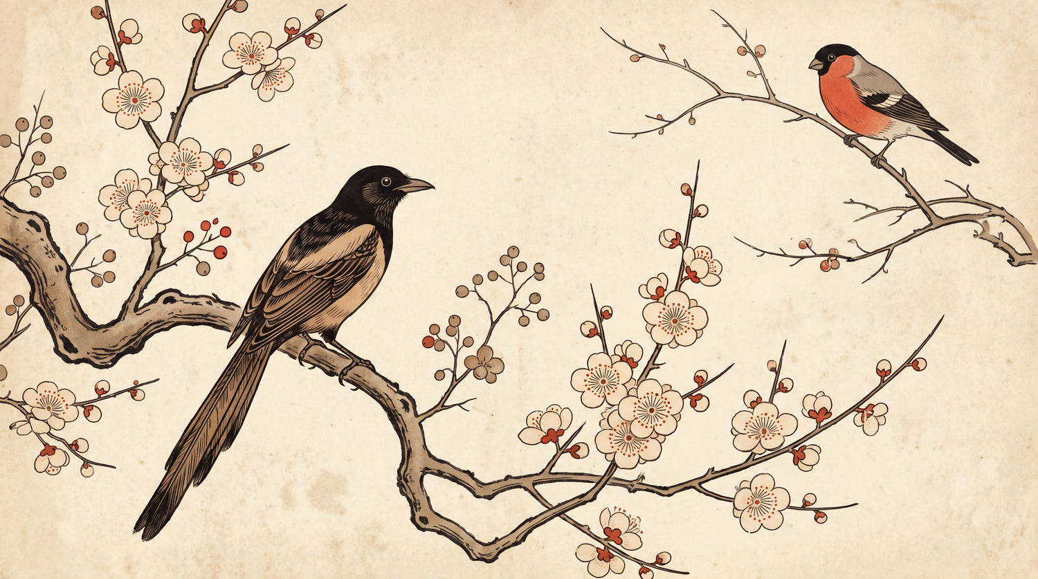 Songbird Sonata Beige Cherry Blossom Wallpaper - Vintage Chinoiserie Japanese Animal Wall Mural Peel and Stick - Design