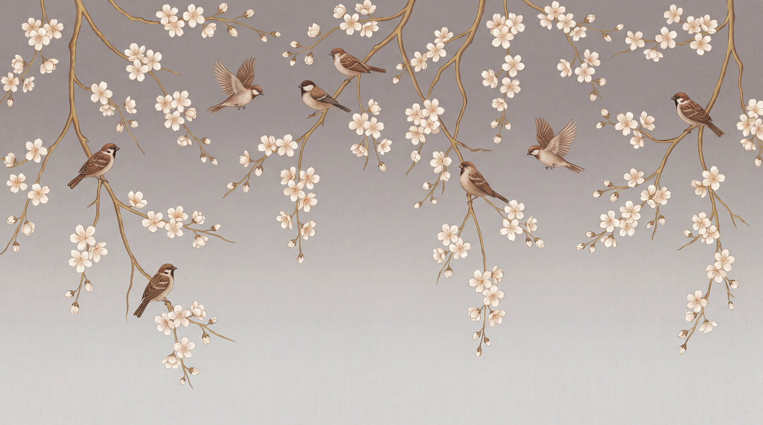 Sparrow Sonata - Beige Cherry Blossom Wallpaper - Chinoiserie Floral Japanese Vintage Flower Wall Mural - Design