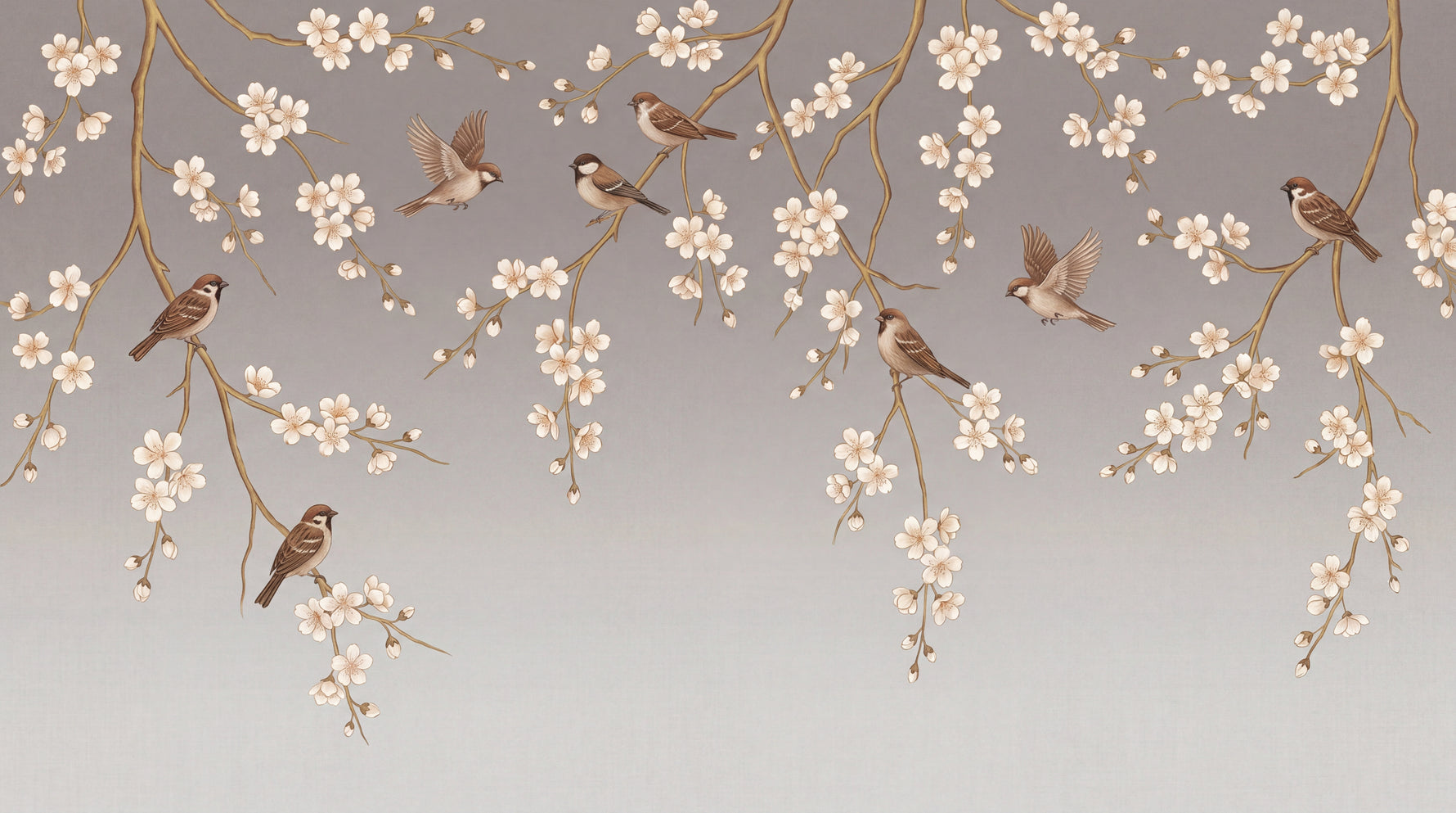 Sparrow Sonata - Beige Cherry Blossom Wallpaper - Chinoiserie Floral Japanese Vintage Flower Wall Mural - Design