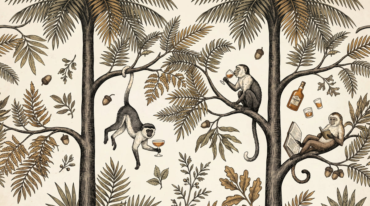 Spirited Foliage Beige Monkey Wallpaper - Tropical Jungle Botanical Palm Tree Animal Peel and Stick Wall Mural - Design