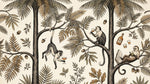Spirited Foliage Beige Monkey Wallpaper - Tropical Jungle Botanical Palm Tree Animal Peel and Stick Wall Mural - Design