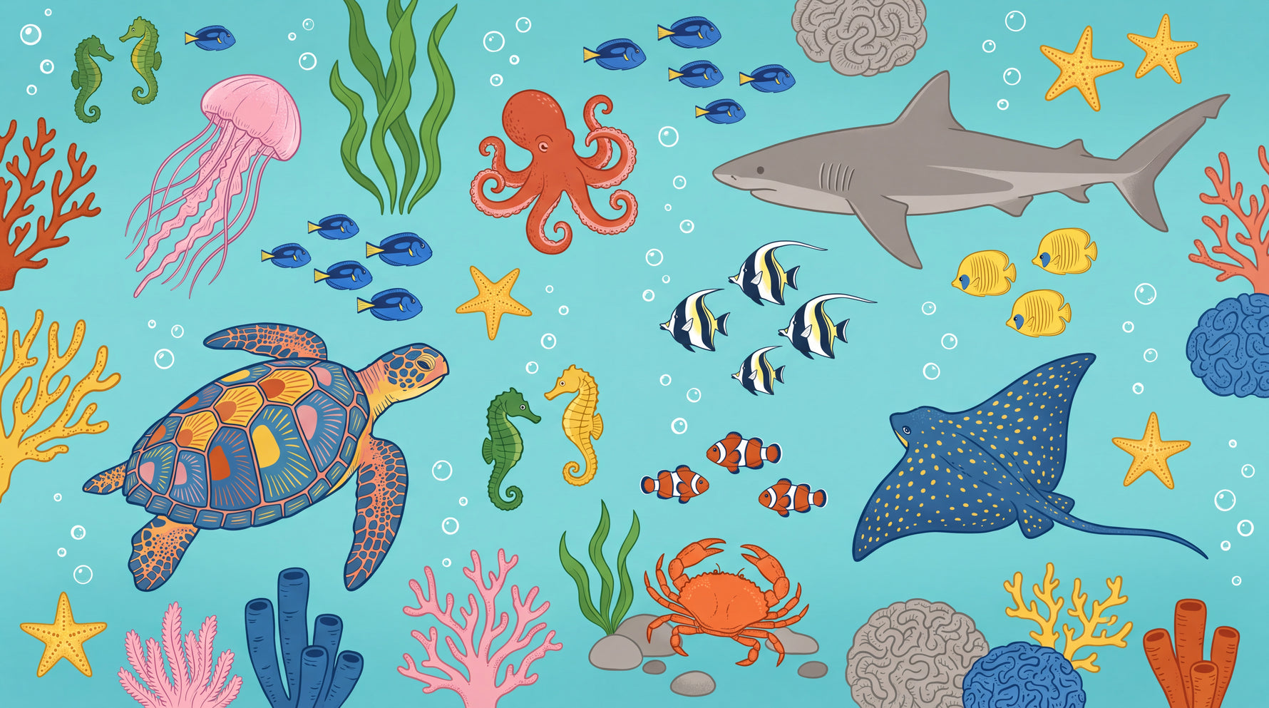 Splashing Reef Blue Kids Wallpaper Ocean Fish Shark Nursery Sea Wall Mural Peel and Stick - Design