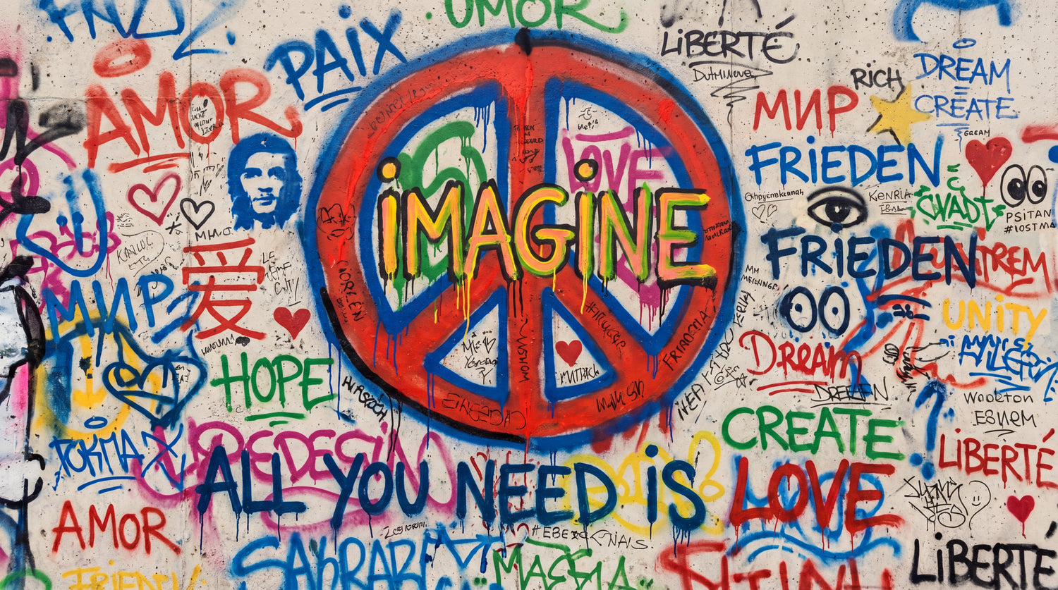 Spoken Walls White Graffiti Wallpaper - Colorful Peace Sign Street Art Peel and Stick Wall Mural - Design