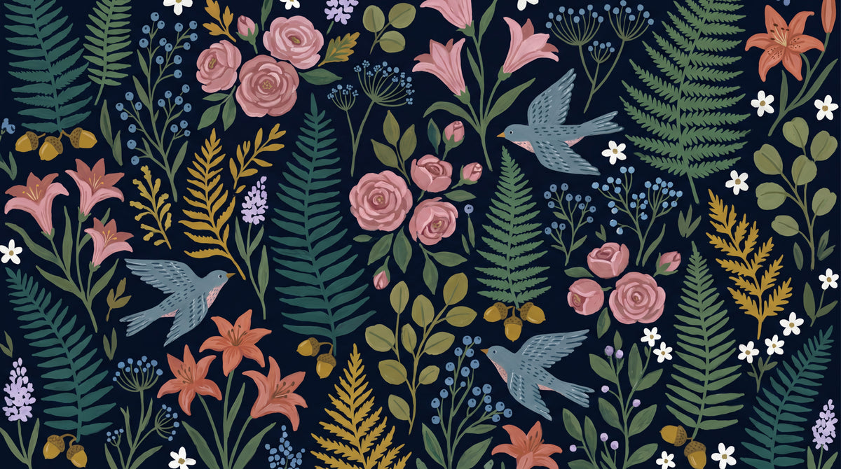 Starling Folksong Dark Floral Wallpaper - Pink Rose Wallpaper Peel and Stick Flower Wall Mural - Design