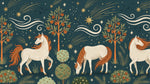 Starlit Orchard Ponies Horse Wallpaper for Kids - Dark Teal Nursery Animal Botanical Peel and Stick Mural - Design