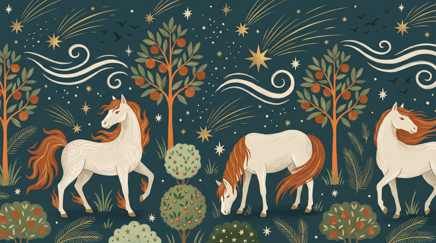 Starlit Orchard Ponies Horse Wallpaper for Kids - Dark Teal Nursery Animal Botanical Peel and Stick Mural - Design