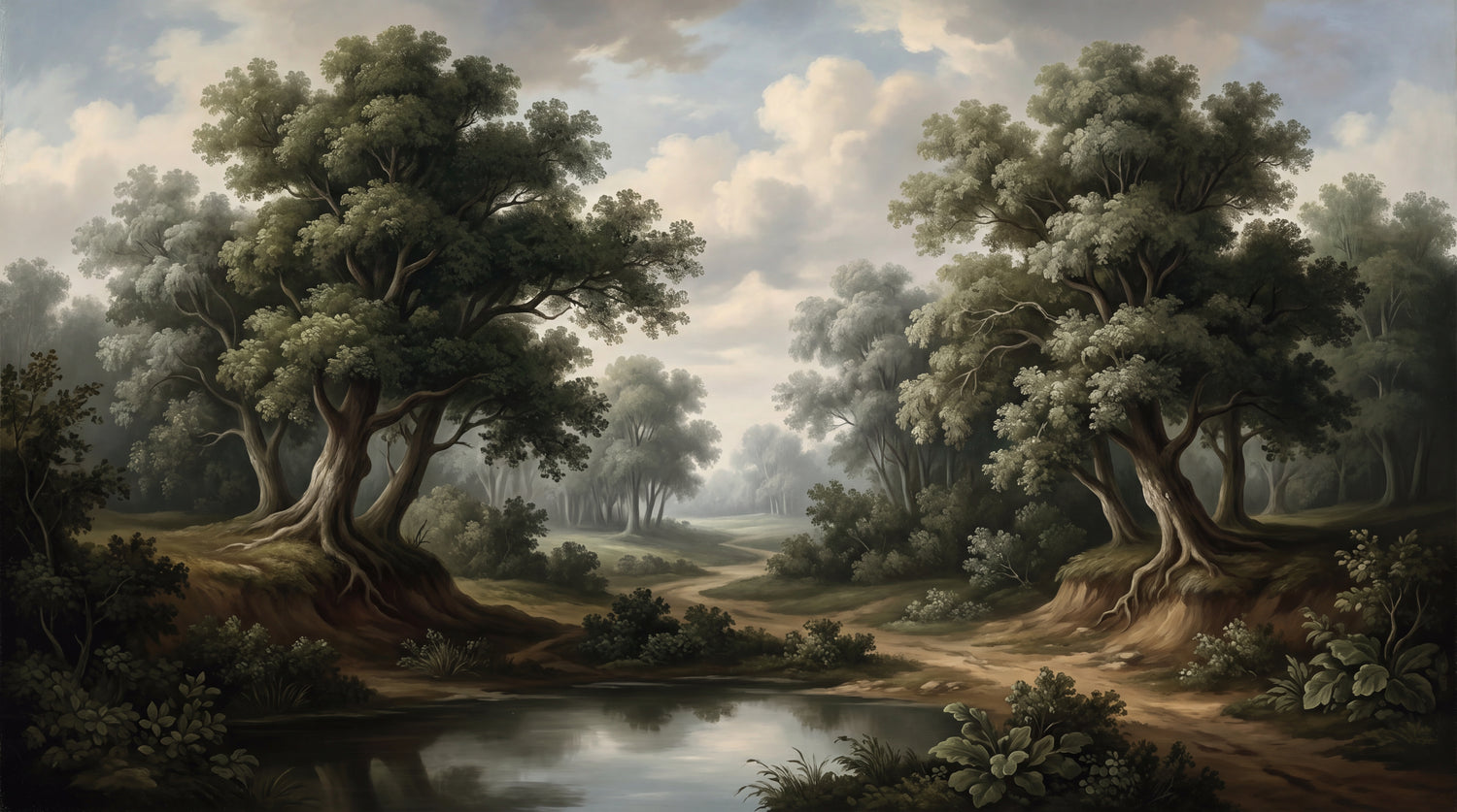 Stillpond Boughs Green Forest Wallpaper - Vintage Woodland Scenery Landscape Wall Mural - Design