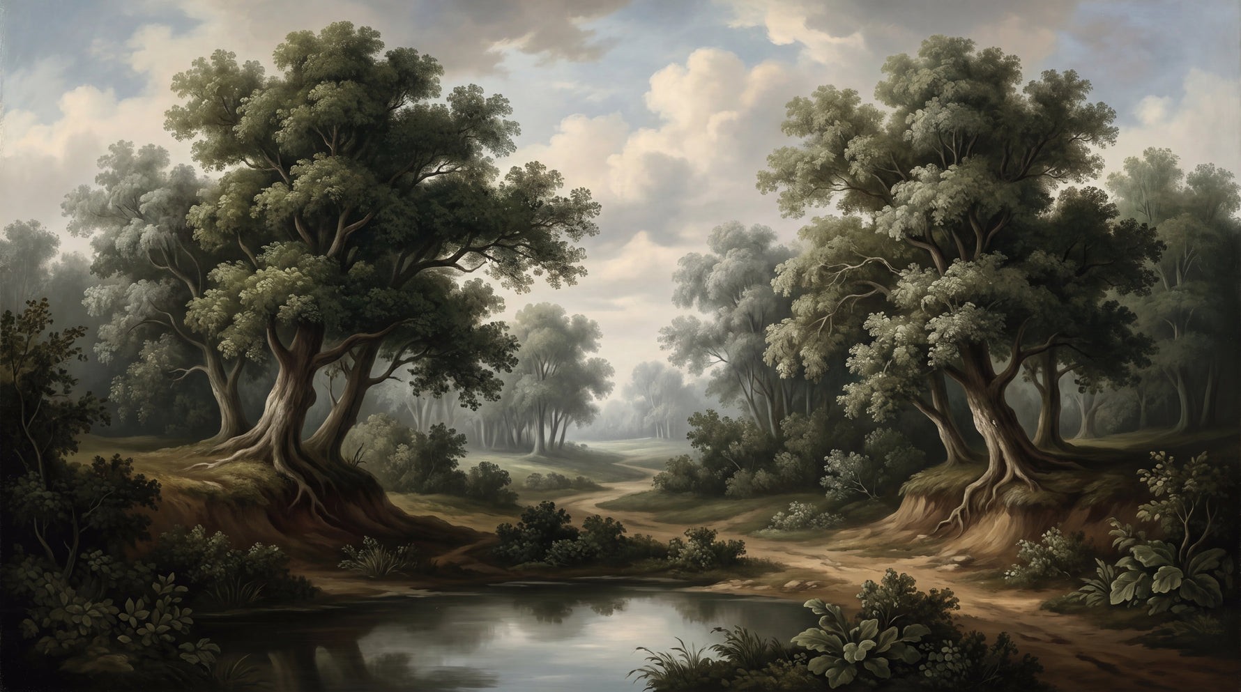 Stillpond Boughs Green Forest Wallpaper - Vintage Woodland Scenery Landscape Wall Mural - Design