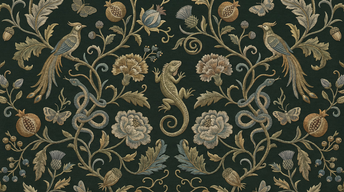 Stitched Menagerie Green Floral Wallpaper - Dark Green Flower Wall Mural Emerald Peel and Stick - Design