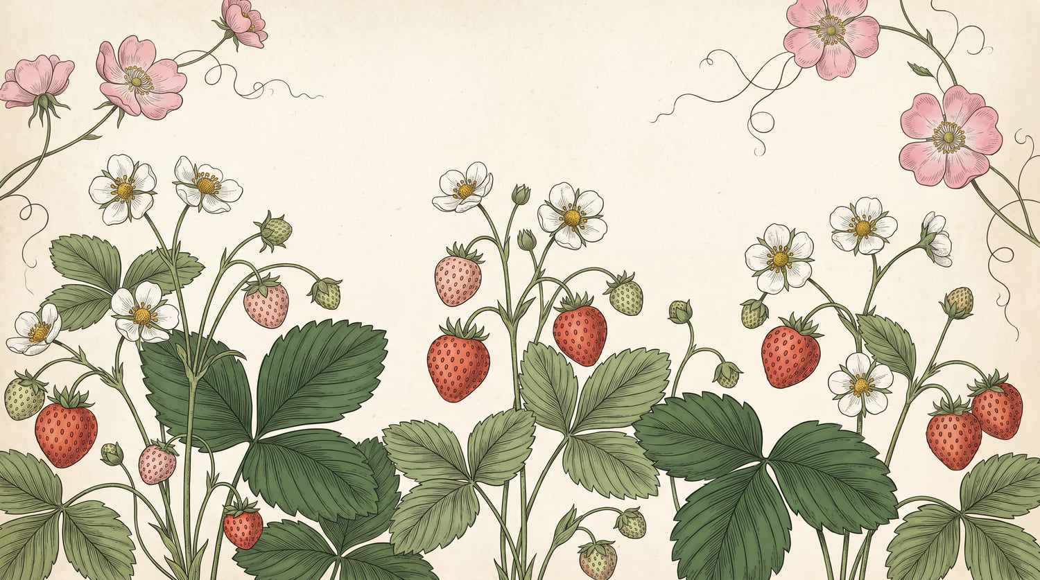 Strawberry Briar Green Floral Wallpaper - Greenery Pink Flower Country Rose Peel and Stick Mural - Design