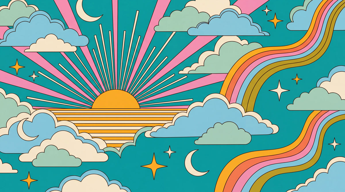 Sunburst Daydream Blue Retro Wallpaper - Teal Moon Wall Mural Peel and Stick - Design