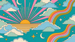 Sunburst Daydream Blue Retro Wallpaper - Teal Moon Wall Mural Peel and Stick - Design