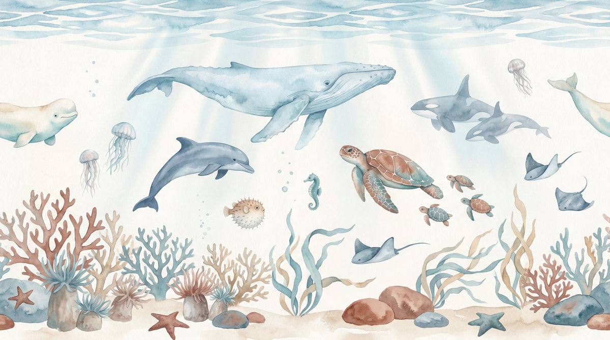 Sunlit Fathoms Blue Ocean Wallpaper - Pastel Sea Wallpaper Wave Peel and Stick Wall Mural - Design