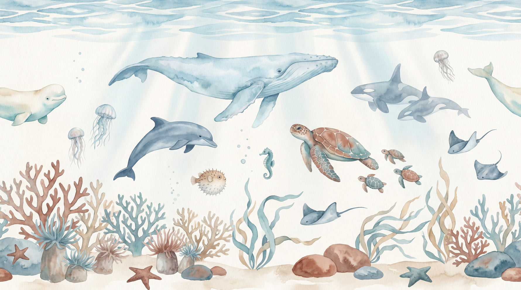 Sunlit Fathoms Blue Ocean Wallpaper - Pastel Sea Wallpaper Wave Peel and Stick Wall Mural - Design
