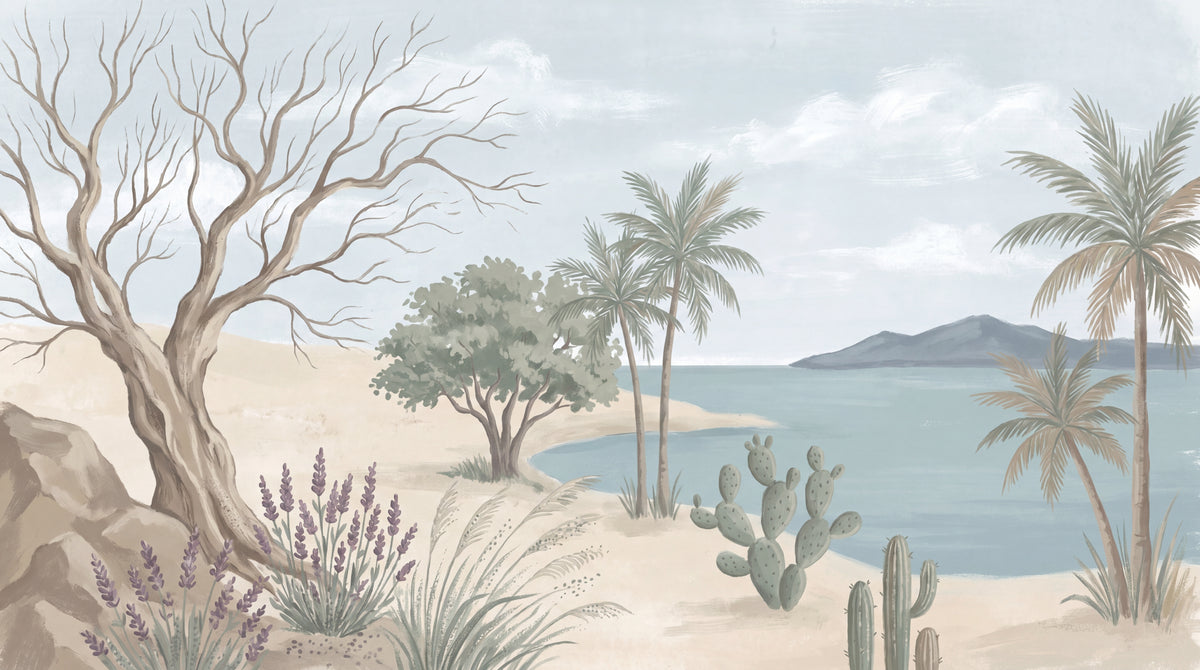 Sunlit Lagoon Beige Wall Mural - Coastal Landscape Wallpaper Scenery Lavender Peel and Stick - Design