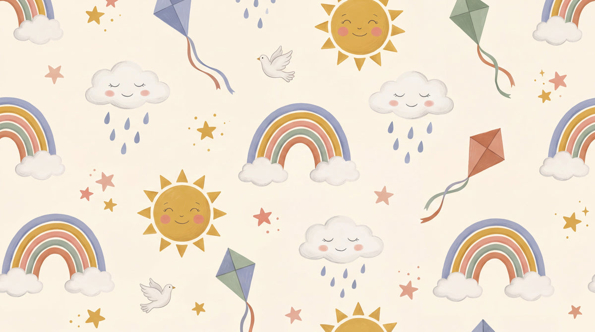 Sunny Skies Nursery Wallpaper for Kids - Beige Kids Wallpaper Peel and Stick - Design