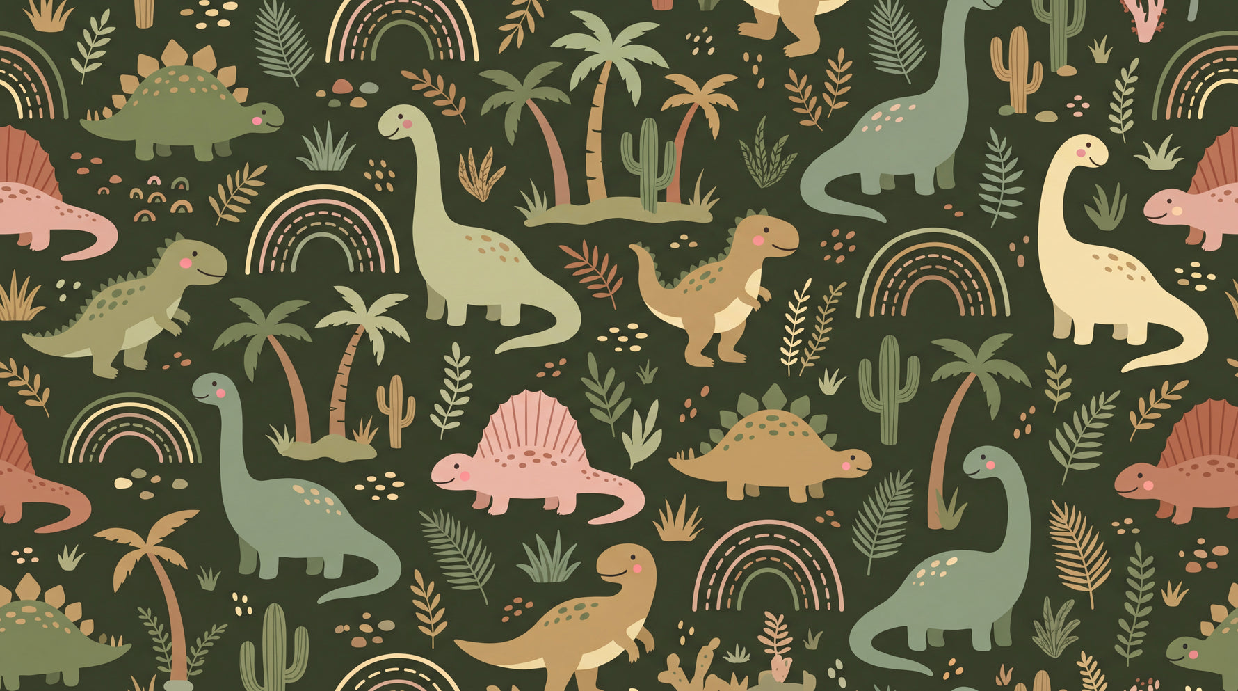 Sunny Stomper Meadow Green Dinosaur Wallpaper for Kids - Boho Nursery Cactus Wall Mural Peel and Stick - Design
