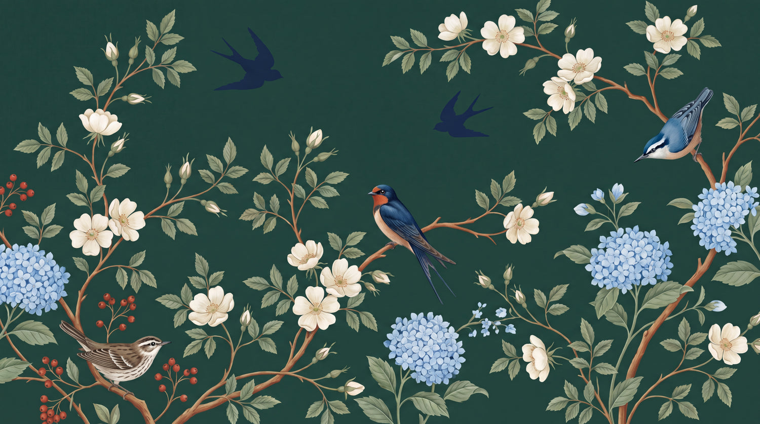 Swallow Chinoiserie - Green Floral Wallpaper - Dark Green Vintage Japanese Peel and Stick Wall Mural - Design