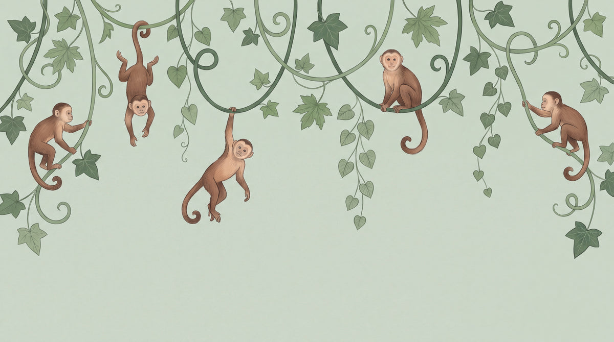 Swinging Thicket Green Monkey Wallpaper - Sage Jungle Botanical Leaf Tropical Greenery Peel and Stick - Design