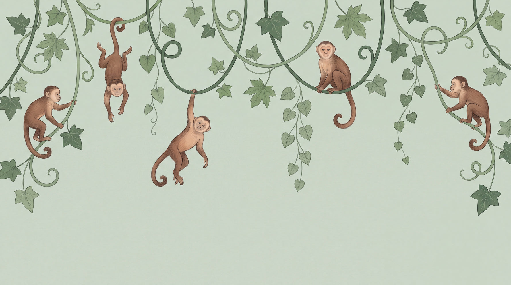 Swinging Thicket Green Monkey Wallpaper - Sage Jungle Botanical Leaf Tropical Greenery Peel and Stick - Design