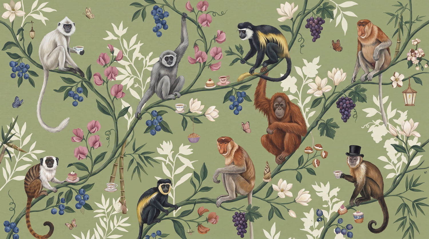 Teacup Canopy Green Monkey Wallpaper - Chinoiserie Botanical Greenery Peel and Stick Wall Mural - Design