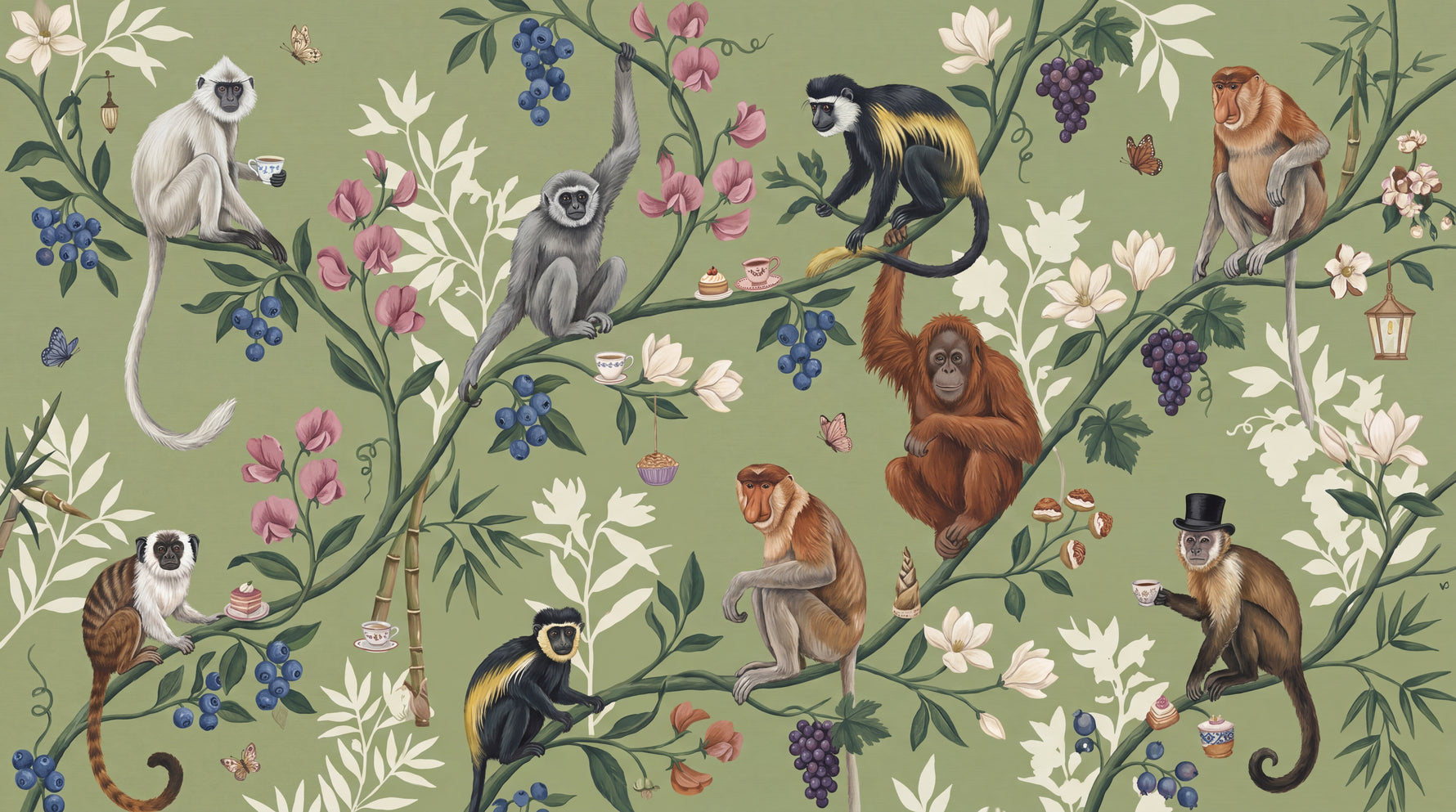 Teacup Canopy Green Monkey Wallpaper - Chinoiserie Botanical Greenery Peel and Stick Wall Mural - Design