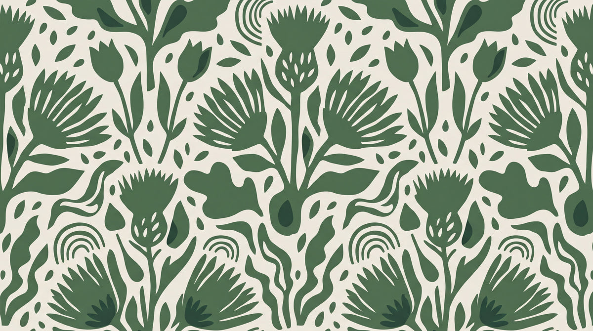 Thistle Folk Green Floral Wallpaper - Sage Green Flower Peel and Stick Wall Mural - Design