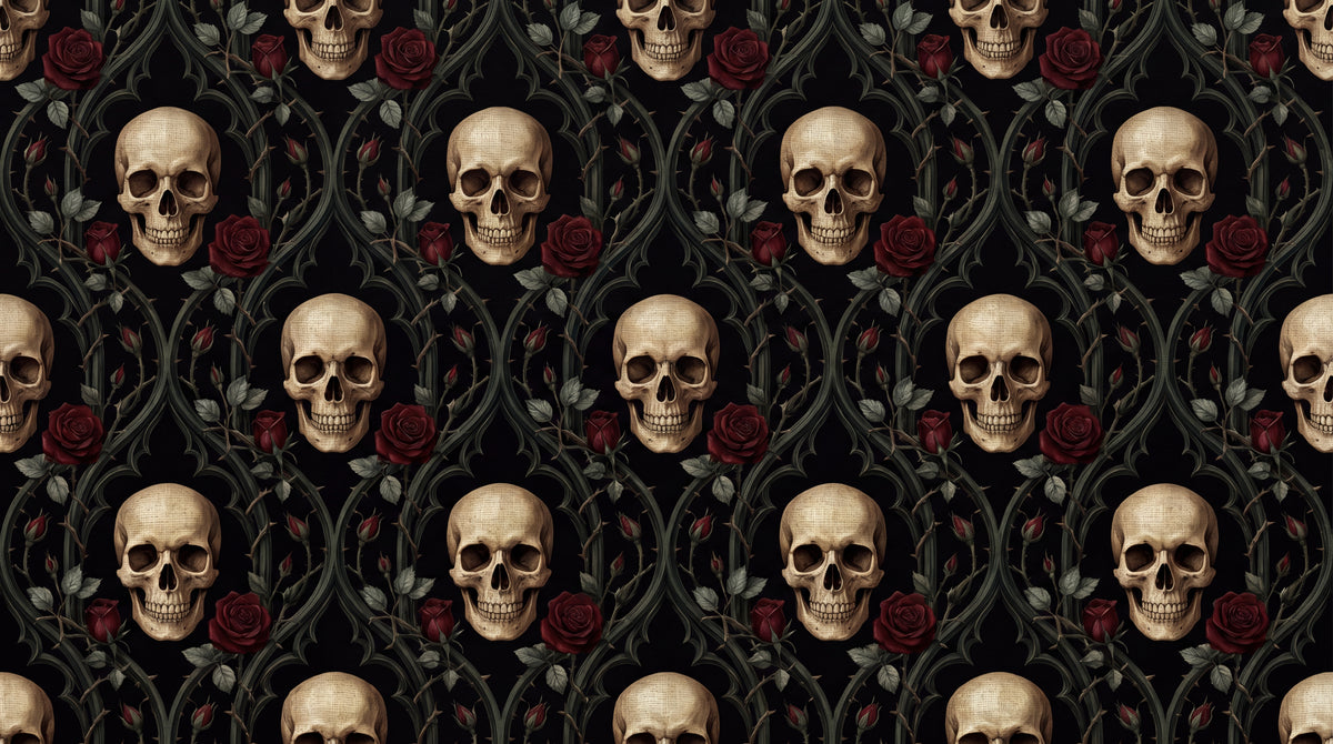 Thorned Memento Dark Gothic Wallpaper - Skull Damask Dark Academia Peel and Stick Wall Mural - Design