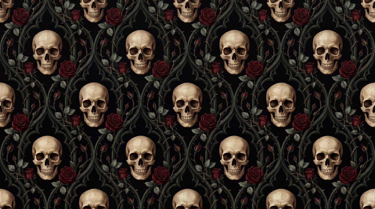 Thorned Memento Dark Gothic Wallpaper - Skull Damask Dark Academia Peel and Stick Wall Mural - Design