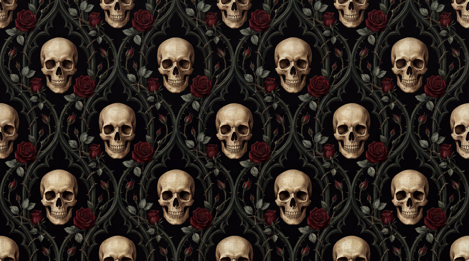 Thorned Memento Dark Gothic Wallpaper - Skull Damask Dark Academia Peel and Stick Wall Mural - Design