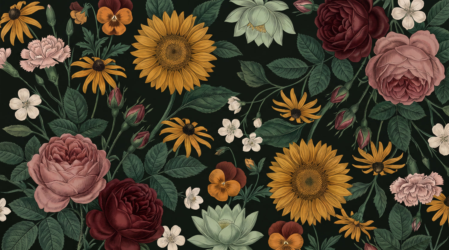 Thornlit Pressing Dark Floral Wallpaper - Black Rose Vintage Flower Peel and Stick Wall Mural - Design