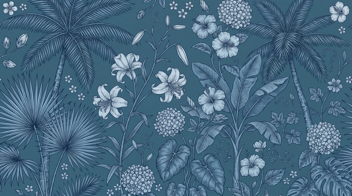 Tideglass Hibiscus - Blue Floral Wallpaper - Navy Blue and White Vintage Peel and Stick Wall Mural - Design