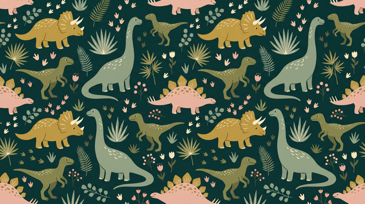 Tiny Tracks Jungle Green Dinosaur Wallpaper for Kids - Botanical Nursery Leaf Greenery Peel and Stick Mural - Design