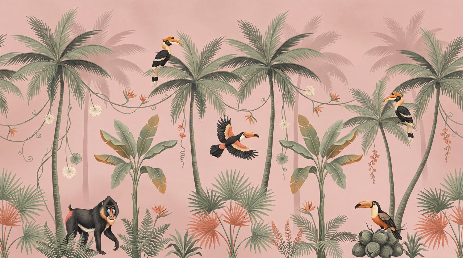 Toucan Driftwind Pink Tropical Wallpaper - Jungle Palm Tree Botanical Vintage Animal Wall Mural Peel and Stick - Design