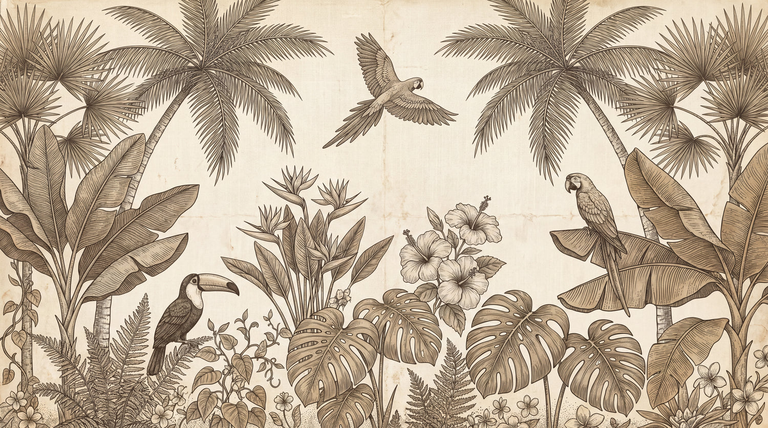 Toucan Hideaway Beige Tropical Wallpaper - Vintage Jungle Palm Tree Botanical Leaf Peel and Stick Wall Mural - Design