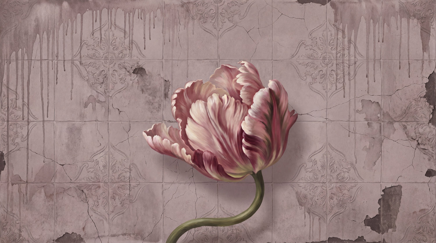 Tulip Patina - Pink Vintage Wallpaper Floral Wall Mural - Pink Flower Damask Victorian Peel and Stick - Design