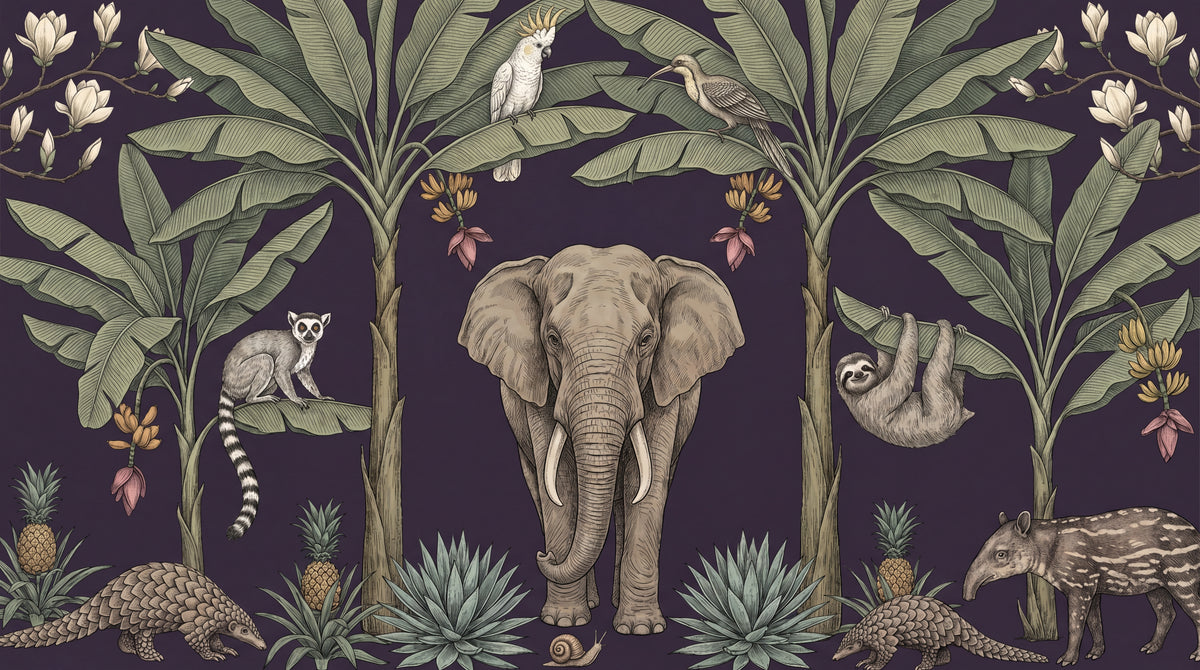 Tusk Hour Purple Jungle Wallpaper - Tropical Elephant Botanical Palm Tree Leaf Wall Mural - Design