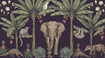 Tusk Hour Purple Jungle Wallpaper - Tropical Elephant Botanical Palm Tree Leaf Wall Mural - Design