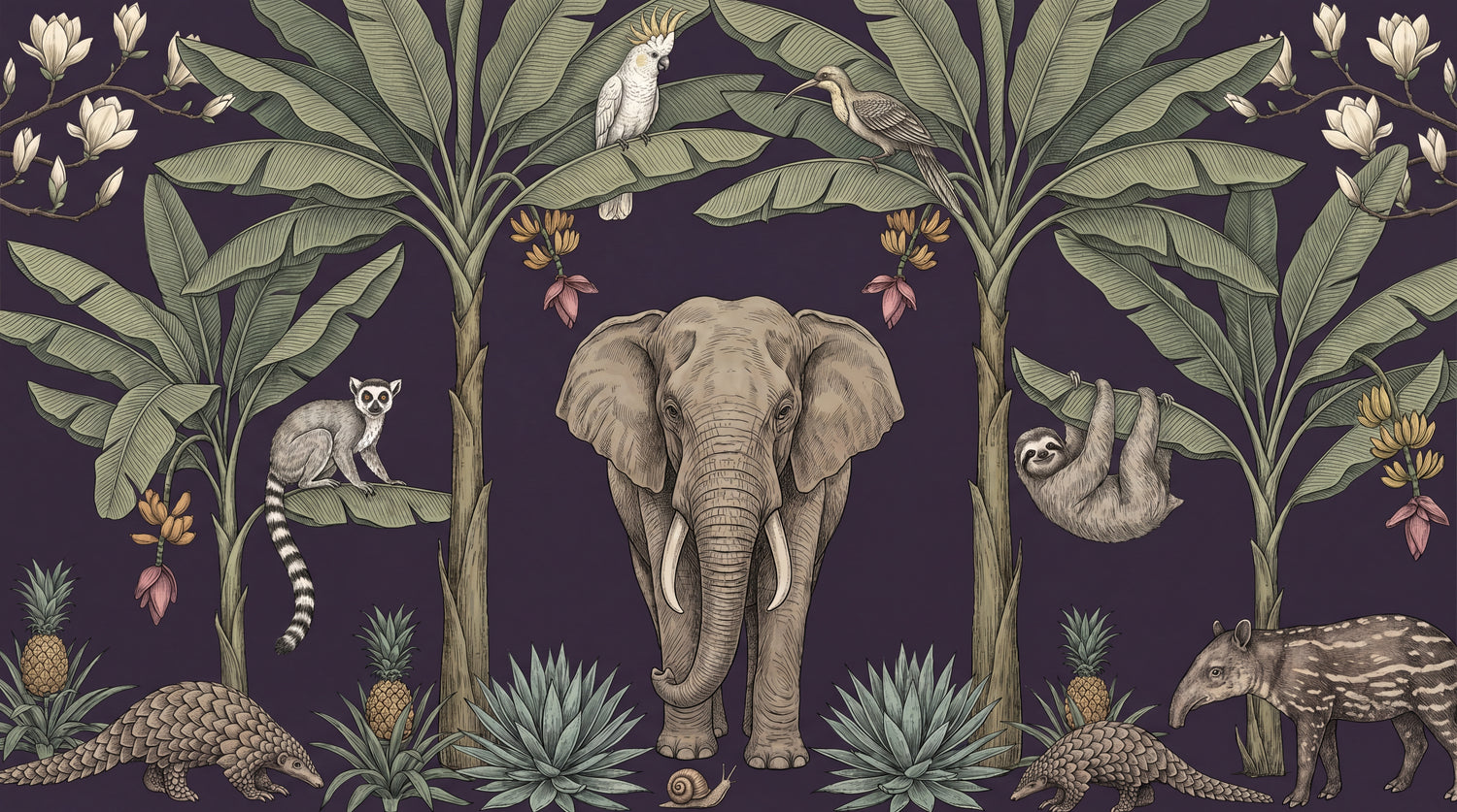 Tusk Hour Purple Jungle Wallpaper - Tropical Elephant Botanical Palm Tree Leaf Wall Mural - Design